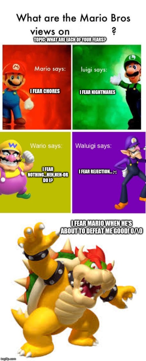 Mario Bros. Characters Fears Meme | TOPIC: WHAT ARE EACH OF YOUR FEARS? I FEAR CHORES; I FEAR NIGHTMARES; I FEAR NOTHING...HEH,HEH-OR DO I? I FEAR REJECTION... ;-;; I FEAR MARIO WHEN HE'S ABOUT TO DEFEAT ME GOOD! 0/\0 | image tagged in mario broz misc views,super mario bros,funny memes,memes,mario bros views | made w/ Imgflip meme maker