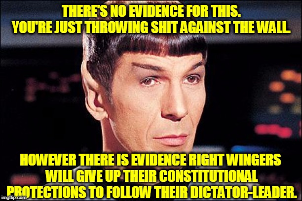 Condescending Spock | THERE'S NO EVIDENCE FOR THIS. YOU'RE JUST THROWING SHIT AGAINST THE WALL. HOWEVER THERE IS EVIDENCE RIGHT WINGERS 
WILL GIVE UP THEIR CONSTI | image tagged in condescending spock | made w/ Imgflip meme maker