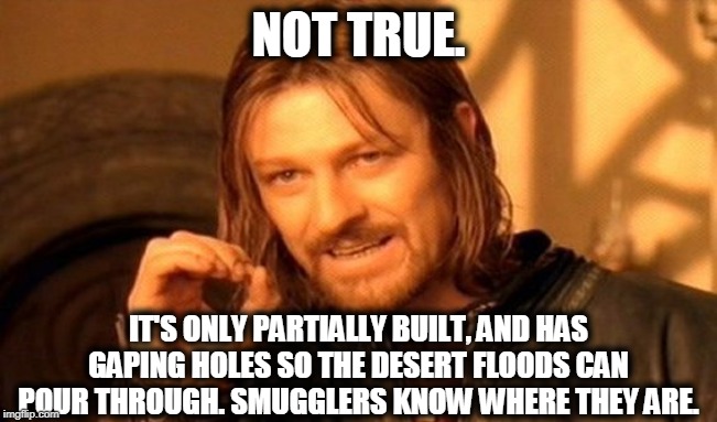 One Does Not Simply Meme | NOT TRUE. IT'S ONLY PARTIALLY BUILT, AND HAS GAPING HOLES SO THE DESERT FLOODS CAN POUR THROUGH. SMUGGLERS KNOW WHERE THEY ARE. | image tagged in memes,one does not simply | made w/ Imgflip meme maker