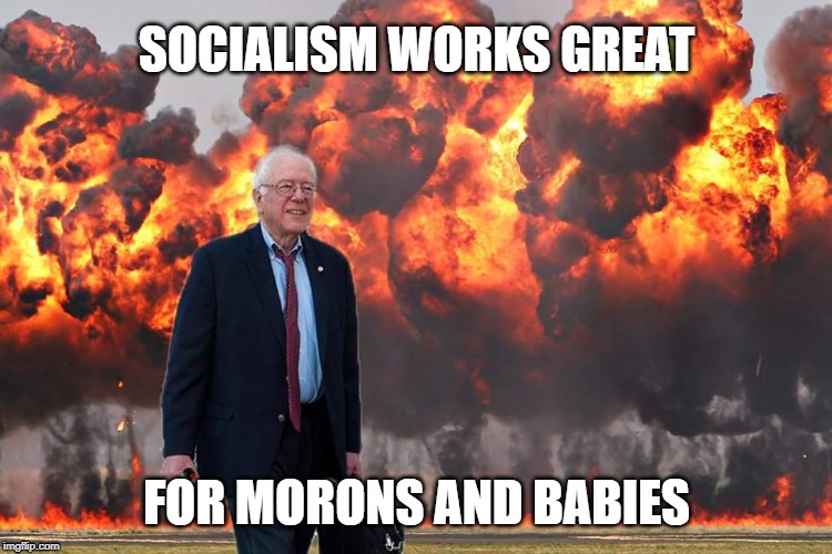 Bernie Sanders on Fire | SOCIALISM WORKS GREAT; FOR MORONS AND BABIES | image tagged in bernie sanders on fire | made w/ Imgflip meme maker