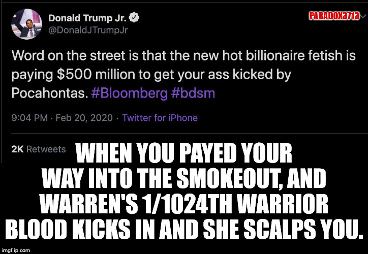 Who knew that Elizabeth Warren's 'Pimp Hand' was THAT strong? | PARADOX3713; WHEN YOU PAYED YOUR WAY INTO THE SMOKEOUT, AND WARREN'S 1/1024TH WARRIOR BLOOD KICKS IN AND SHE SCALPS YOU. | image tagged in memes,donald trump,elizabeth warren,pocahontas,democrats,pwned | made w/ Imgflip meme maker
