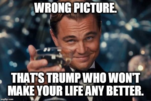 Leonardo Dicaprio Cheers Meme | WRONG PICTURE. THAT'S TRUMP WHO WON'T MAKE YOUR LIFE ANY BETTER. | image tagged in memes,leonardo dicaprio cheers | made w/ Imgflip meme maker