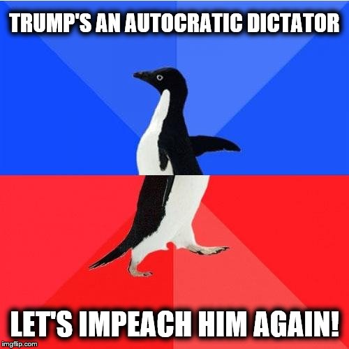 Make up your minds! | TRUMP'S AN AUTOCRATIC DICTATOR; LET'S IMPEACH HIM AGAIN! | image tagged in memes,socially awkward awesome penguin,trump,dictator | made w/ Imgflip meme maker
