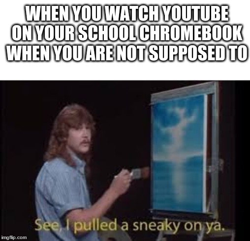 WHEN YOU WATCH YOUTUBE ON YOUR SCHOOL CHROMEBOOK WHEN YOU ARE NOT SUPPOSED TO | image tagged in school,fun | made w/ Imgflip meme maker