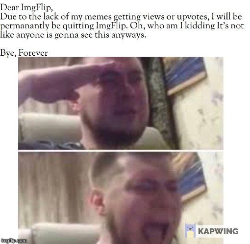I'm leaving ImgFlip for Reddit. Bye to all the people who actually cared and liked my memes. Bye | image tagged in sad,salute,leaving | made w/ Imgflip meme maker
