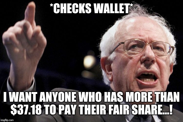 Socialism in a nutshell | *CHECKS WALLET*; I WANT ANYONE WHO HAS MORE THAN $37.18 TO PAY THEIR FAIR SHARE...! | image tagged in bernie sanders | made w/ Imgflip meme maker