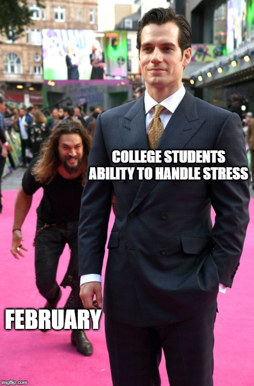 jason momoa henry cavill meme | COLLEGE STUDENTS ABILITY TO HANDLE STRESS; FEBRUARY | image tagged in jason momoa henry cavill meme | made w/ Imgflip meme maker