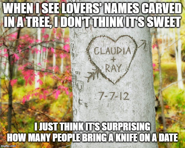 Armed Dating | WHEN I SEE LOVERS' NAMES CARVED IN A TREE, I DON'T THINK IT'S SWEET; I JUST THINK IT'S SURPRISING HOW MANY PEOPLE BRING A KNIFE ON A DATE | image tagged in humor | made w/ Imgflip meme maker