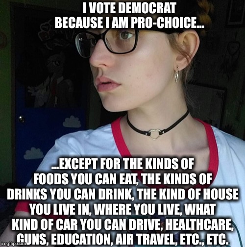 Don’t let the “pro-choice” moniker fool you | I VOTE DEMOCRAT BECAUSE I AM PRO-CHOICE... ...EXCEPT FOR THE KINDS OF FOODS YOU CAN EAT, THE KINDS OF DRINKS YOU CAN DRINK, THE KIND OF HOUSE YOU LIVE IN, WHERE YOU LIVE, WHAT KIND OF CAR YOU CAN DRIVE, HEALTHCARE, GUNS, EDUCATION, AIR TRAVEL, ETC., ETC. | image tagged in facebook leftist,liberal logic,liberals,liberal hypocrisy,democratic party,democratic socialism | made w/ Imgflip meme maker