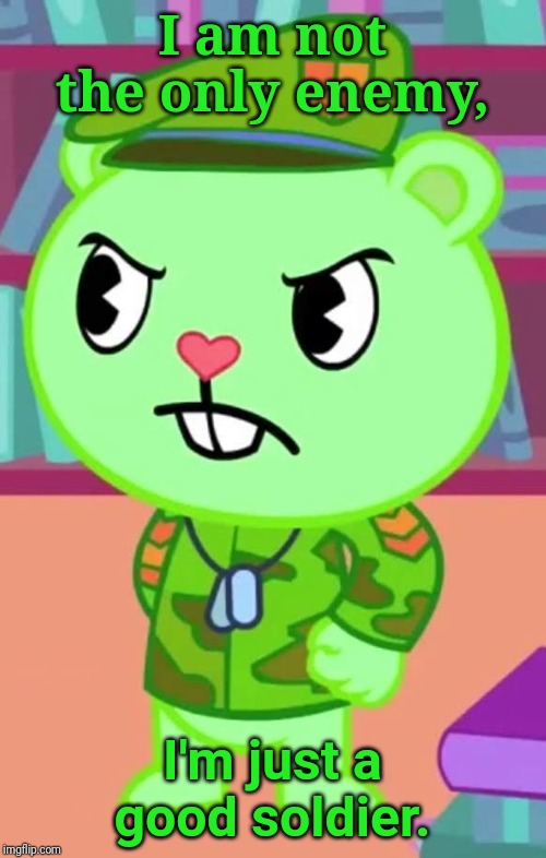 Flippy is a good soldier? (HTF) | I am not the only enemy, I'm just a good soldier. | image tagged in mad flippy htf,happy tree friends,animation,cartoon | made w/ Imgflip meme maker