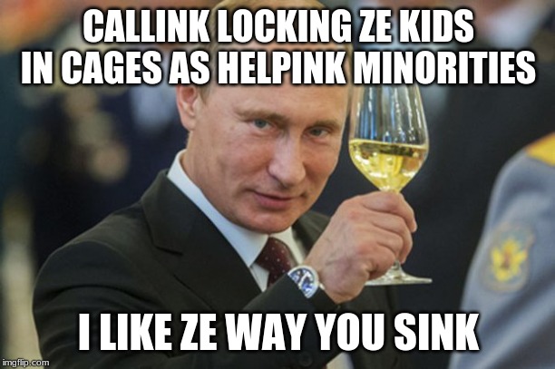 Putin Cheers | CALLINK LOCKING ZE KIDS IN CAGES AS HELPINK MINORITIES I LIKE ZE WAY YOU SINK | image tagged in putin cheers | made w/ Imgflip meme maker