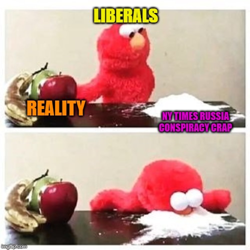elmo cocaine | LIBERALS; REALITY; NY TIMES RUSSIA CONSPIRACY CRAP | image tagged in elmo cocaine | made w/ Imgflip meme maker