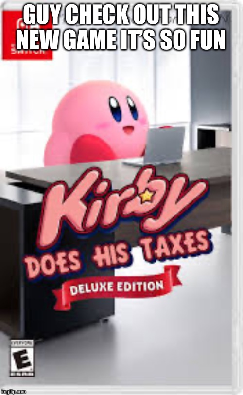 Kirby does his taxes | GUY CHECK OUT THIS NEW GAME IT’S SO FUN | image tagged in best game,so fun | made w/ Imgflip meme maker