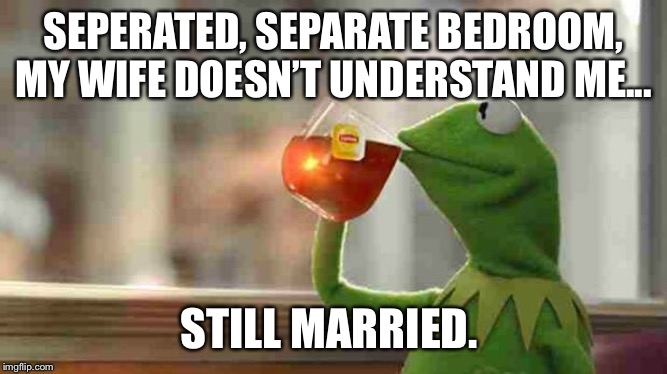 Kermit sipping tea | SEPERATED, SEPARATE BEDROOM, MY WIFE DOESN’T UNDERSTAND ME... STILL MARRIED. | image tagged in kermit sipping tea | made w/ Imgflip meme maker