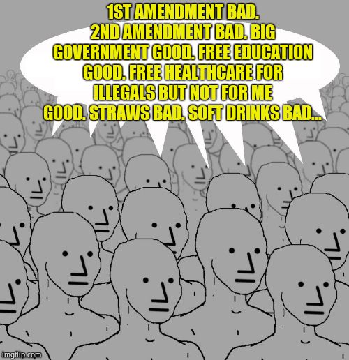 Npc | 1ST AMENDMENT BAD. 2ND AMENDMENT BAD. BIG GOVERNMENT GOOD. FREE EDUCATION GOOD. FREE HEALTHCARE FOR ILLEGALS BUT NOT FOR ME GOOD. STRAWS BAD | image tagged in npc | made w/ Imgflip meme maker