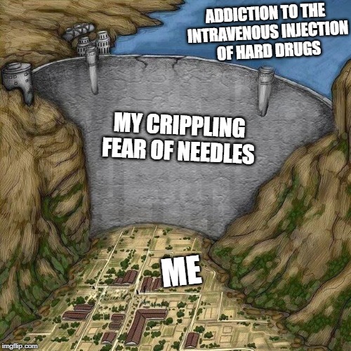 I just watched Trainspotting for the first time | ADDICTION TO THE
 INTRAVENOUS INJECTION
 OF HARD DRUGS; MY CRIPPLING FEAR OF NEEDLES; ME | image tagged in water dam meme,drugs | made w/ Imgflip meme maker