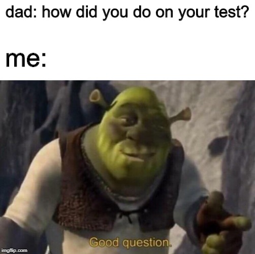 Great Question | dad: how did you do on your test? me: | image tagged in shrek good question,school,dad,funny,mom,shrek memes | made w/ Imgflip meme maker