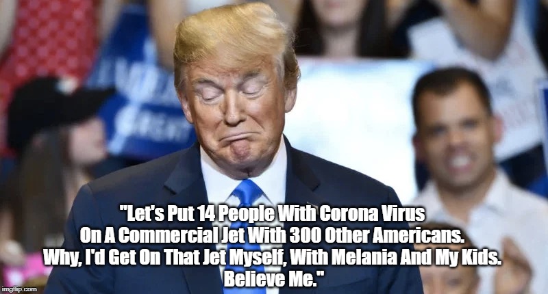 "Let's Put 14 People With Corona Virus 
On A Commercial Jet With 300 Other Americans. 
Why, I'd Get On That Jet Myself, With Melania And My  | made w/ Imgflip meme maker
