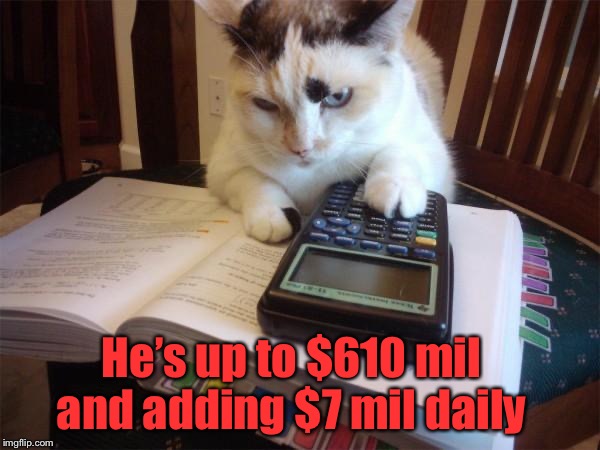Math cat | He’s up to $610 mil and adding $7 mil daily | image tagged in math cat | made w/ Imgflip meme maker