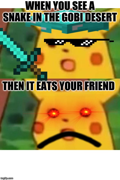 WHEN YOU SEE A SNAKE IN THE GOBI DESERT; THEN IT EATS YOUR FRIEND | image tagged in memes,surprised pikachu | made w/ Imgflip meme maker