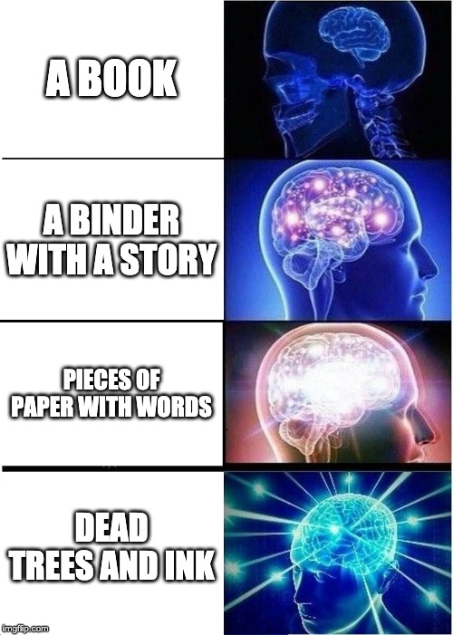 Expanding Brain Meme | A BOOK; A BINDER WITH A STORY; PIECES OF PAPER WITH WORDS; DEAD TREES AND INK | image tagged in memes,expanding brain | made w/ Imgflip meme maker