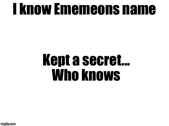 Only three people knows | I know Ememeons name; Kept a secret...


Who knows | image tagged in blank white template | made w/ Imgflip meme maker