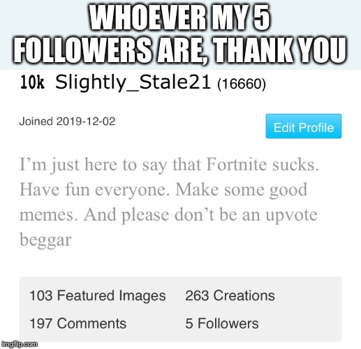 WHOEVER MY 5 FOLLOWERS ARE, THANK YOU | image tagged in thanks,followers,memes,profile | made w/ Imgflip meme maker