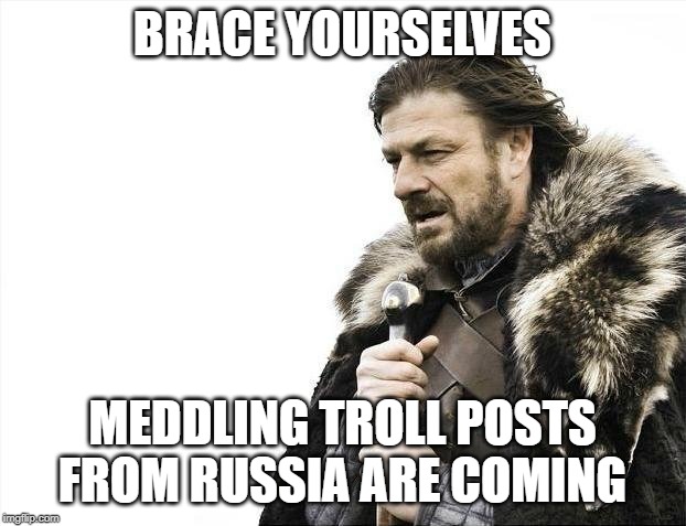 election 2020 | BRACE YOURSELVES; MEDDLING TROLL POSTS FROM RUSSIA ARE COMING | image tagged in memes,brace yourselves x is coming,russia,trump,election 2020 | made w/ Imgflip meme maker