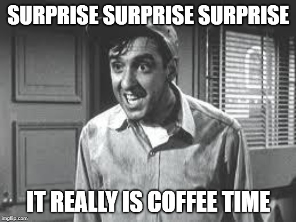 Gomer Pyle | SURPRISE SURPRISE SURPRISE; IT REALLY IS COFFEE TIME | image tagged in gomer pyle | made w/ Imgflip meme maker