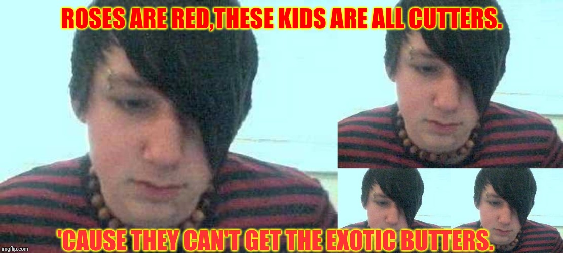 ROSES ARE RED,THESE KIDS ARE ALL CUTTERS. 'CAUSE THEY CAN'T GET THE EXOTIC BUTTERS. | image tagged in emo kid | made w/ Imgflip meme maker