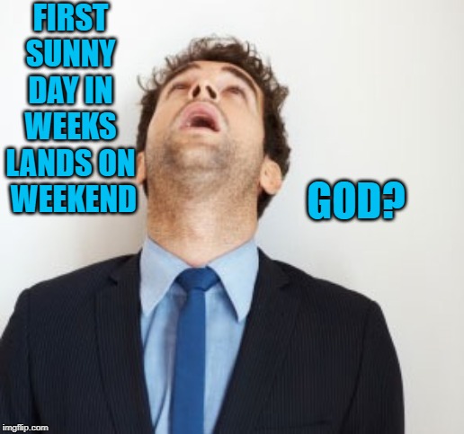 Guy looking up | FIRST SUNNY DAY IN WEEKS LANDS ON  WEEKEND; GOD? | image tagged in guy looking up | made w/ Imgflip meme maker