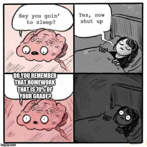 Spent too long gaming... | DO YOU REMEMBER THAT HOMEWORK THAT IS 70% OF
 YOUR GRADE? | image tagged in hey you going to sleep | made w/ Imgflip meme maker