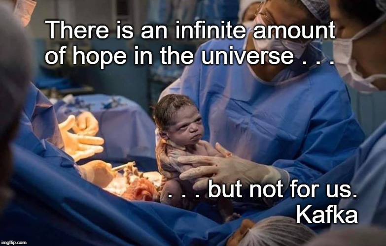 Not for us | There is an infinite amount of hope in the universe . . . . . . but not for us.

Kafka | image tagged in philosophy,kafka | made w/ Imgflip meme maker