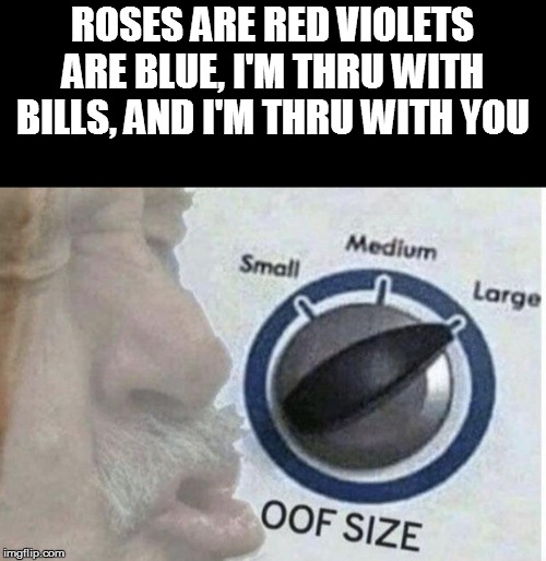 Oof size large | ROSES ARE RED VIOLETS ARE BLUE, I'M THRU WITH BILLS, AND I'M THRU WITH YOU | image tagged in oof size large | made w/ Imgflip meme maker