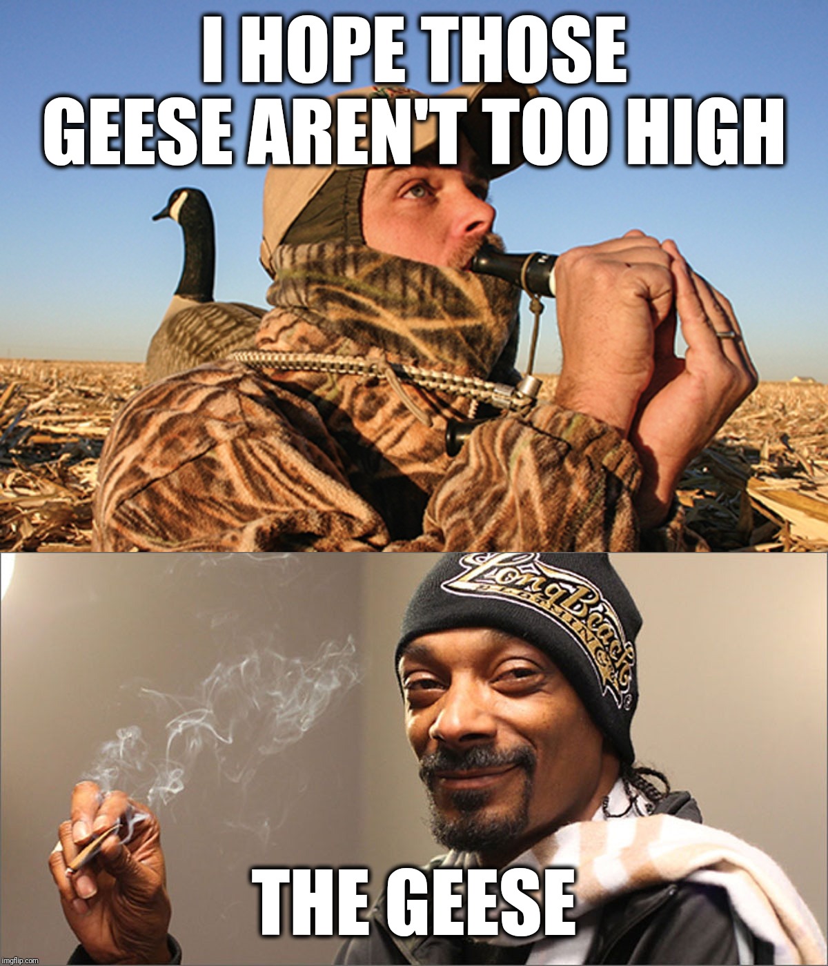 I HOPE THOSE GEESE AREN'T TOO HIGH; THE GEESE | image tagged in memes,hunting season,hunting,geese,snoop dogg,too damn high | made w/ Imgflip meme maker