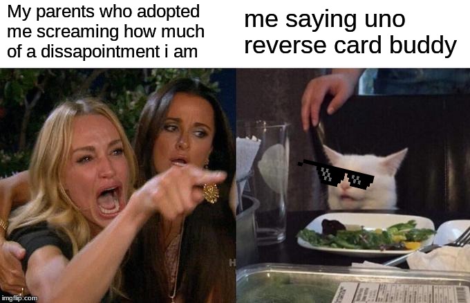 Woman Yelling At Cat | My parents who adopted me screaming how much of a dissapointment i am; me saying uno reverse card buddy | image tagged in memes,woman yelling at cat | made w/ Imgflip meme maker