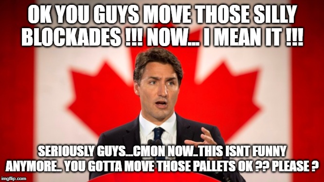 Justin Trudeau | OK YOU GUYS MOVE THOSE SILLY BLOCKADES !!! NOW... I MEAN IT !!! SERIOUSLY GUYS...CMON NOW..THIS ISNT FUNNY ANYMORE.. YOU GOTTA MOVE THOSE PALLETS OK ?? PLEASE ? | image tagged in justin trudeau | made w/ Imgflip meme maker
