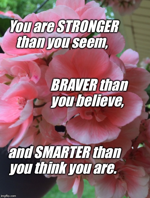 Believe in yourself | You are STRONGER than you seem, BRAVER than you believe, and SMARTER than you think you are. | image tagged in uplifting,motivation,bravery,strong,smart | made w/ Imgflip meme maker