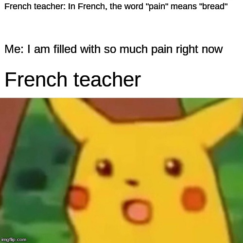 Surprised Pikachu Meme | French teacher: In French, the word "pain" means "bread"; Me: I am filled with so much pain right now; French teacher | image tagged in memes,surprised pikachu | made w/ Imgflip meme maker
