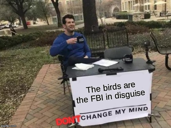 Change My Mind | The birds are the FBI in disguise; DON'T | image tagged in memes,change my mind | made w/ Imgflip meme maker