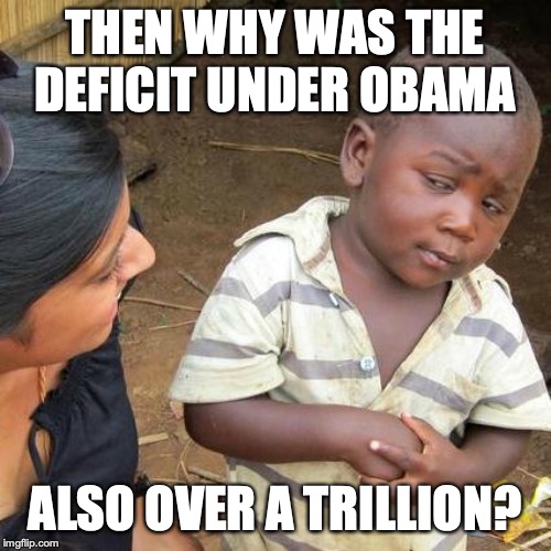 Third World Skeptical Kid Meme | THEN WHY WAS THE DEFICIT UNDER OBAMA ALSO OVER A TRILLION? | image tagged in memes,third world skeptical kid | made w/ Imgflip meme maker