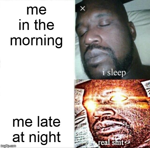 Sleeping Shaq Meme | me in the morning; me late at night | image tagged in memes,sleeping shaq,funny | made w/ Imgflip meme maker