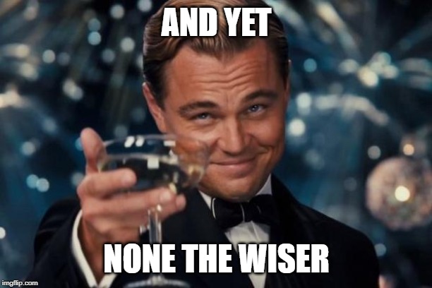 Leonardo Dicaprio Cheers Meme | AND YET NONE THE WISER | image tagged in memes,leonardo dicaprio cheers | made w/ Imgflip meme maker