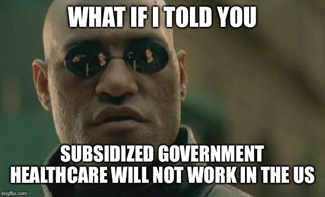 Matrix Morpheus | WHAT IF I TOLD YOU; SUBSIDIZED GOVERNMENT HEALTHCARE WILL NOT WORK IN THE US | image tagged in memes,matrix morpheus | made w/ Imgflip meme maker