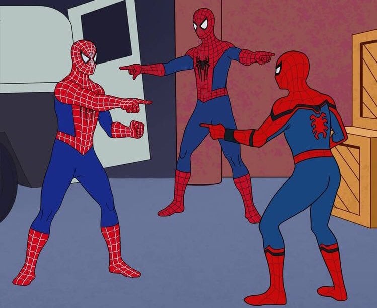 3 spidermans pointing at each other Blank Meme Template