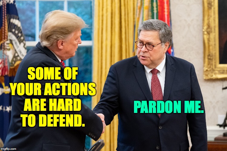 Trump and Barr | SOME OF YOUR ACTIONS ARE HARD TO DEFEND. PARDON ME. | image tagged in trump and barr | made w/ Imgflip meme maker