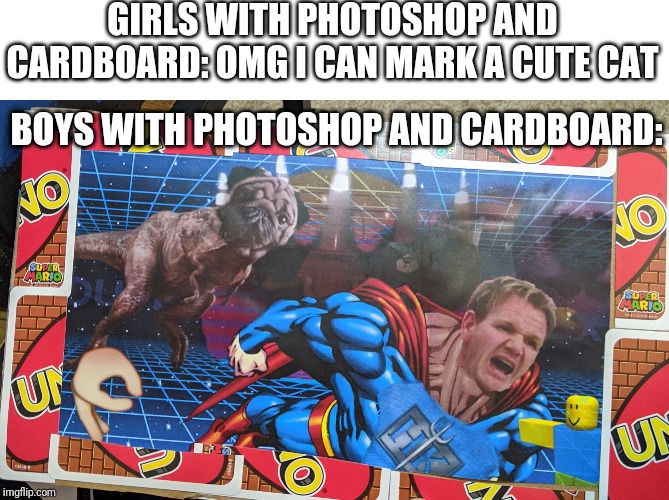 Gordan Ramsay Photoshop | GIRLS WITH PHOTOSHOP AND CARDBOARD: OMG I CAN MARK A CUTE CAT; BOYS WITH PHOTOSHOP AND CARDBOARD: | image tagged in gordon ramsay,photoshop,boys,girls | made w/ Imgflip meme maker