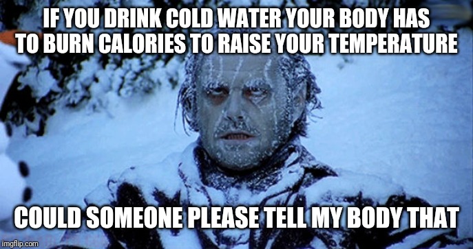 Freezing cold | IF YOU DRINK COLD WATER YOUR BODY HAS TO BURN CALORIES TO RAISE YOUR TEMPERATURE COULD SOMEONE PLEASE TELL MY BODY THAT | image tagged in freezing cold | made w/ Imgflip meme maker