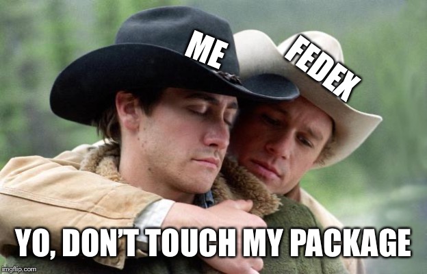 Brokeback Mountain | FEDEX YO, DON’T TOUCH MY PACKAGE ME | image tagged in brokeback mountain | made w/ Imgflip meme maker