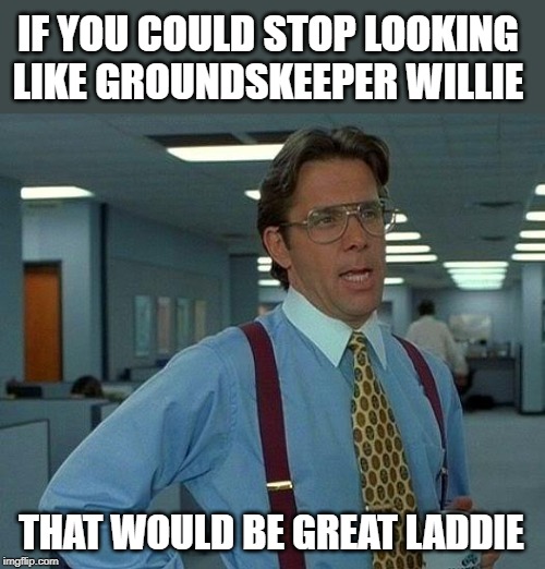 IF YOU COULD STOP LOOKING LIKE GROUNDSKEEPER WILLIE THAT WOULD BE GREAT LADDIE | image tagged in memes,that would be great | made w/ Imgflip meme maker